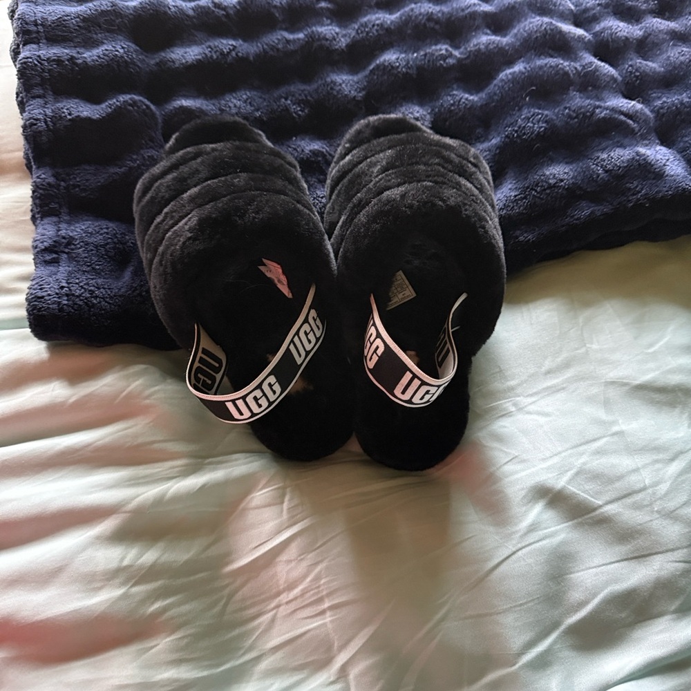 UGG Black Fluffy Slide Slippers with Logo Backstrap